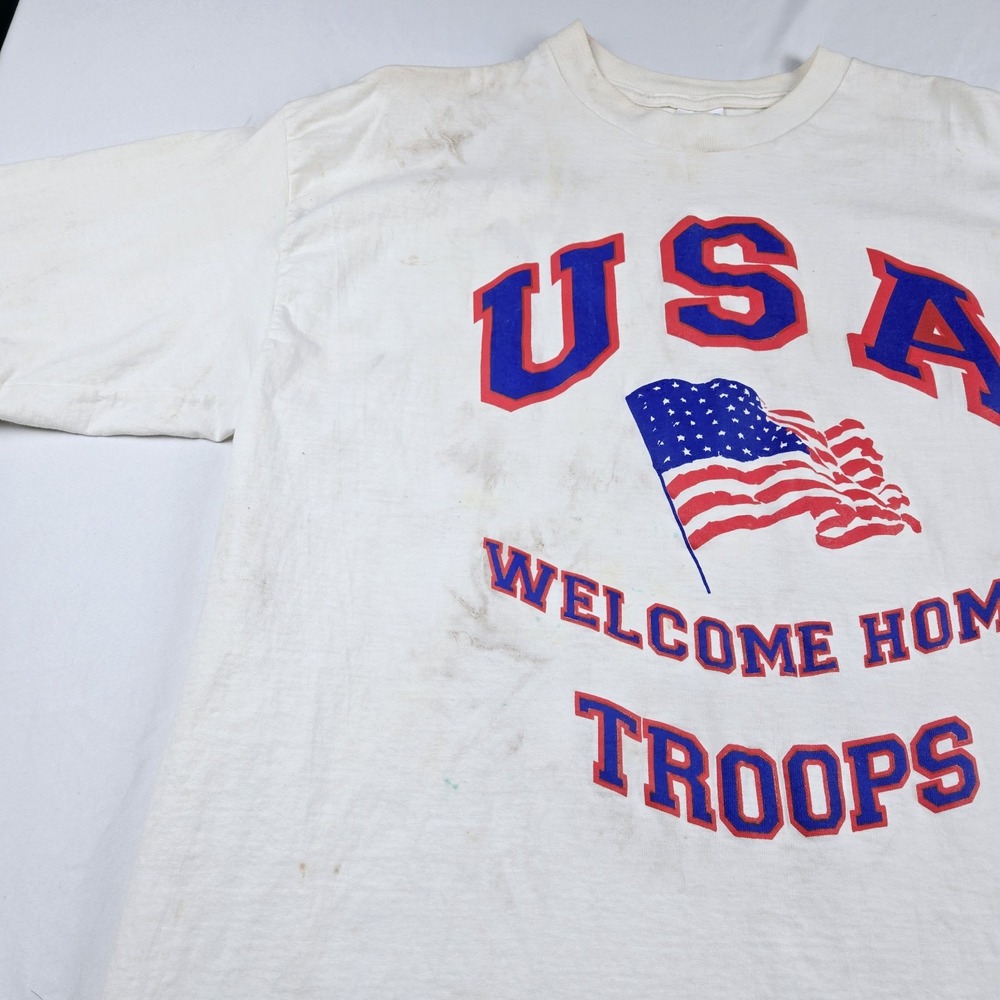 Single Stitch USA America T-Shirt Welcome Home Troops Flag Grunge Patriotic XL - Picture 4 of 8